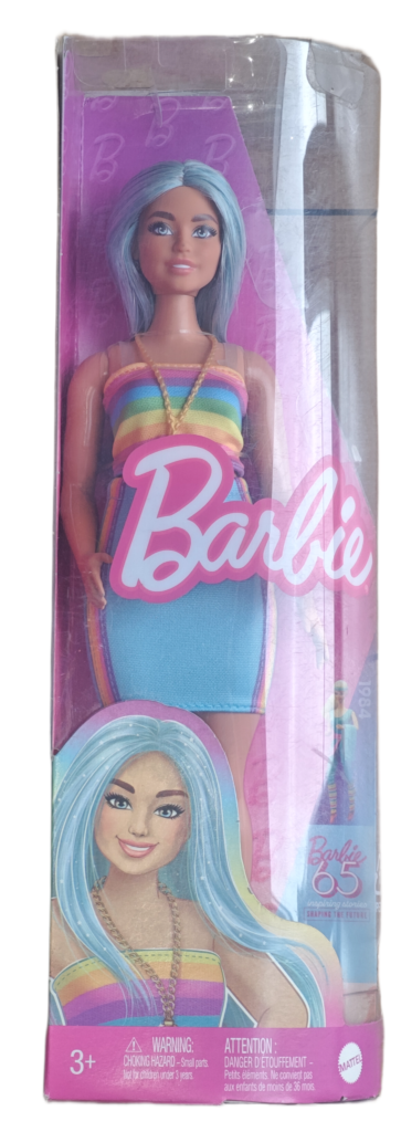 Barbie Fashion Doll Rainbow Dress with Blue Hair | Mattel
