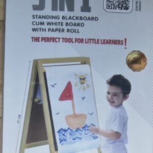 Simarr 3 in 1 Standing Blackboard Cum White Board with Paper Roll – Wooden Learning Easel for Kids