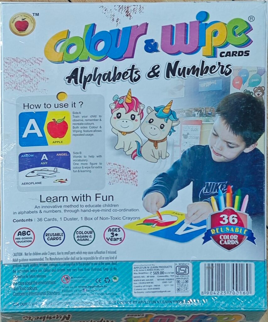 Applefun Colour & Wipe Cards – Alphabets & Numbers | 36 Reusable Learning Cards with Crayons | Preschool Educational Toy | Age 3+ Brand